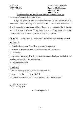 Première page de Mathématiques 1ère A & B — 2e devoir surveillé, 1er semestre (2019-2020) · CEG AYOU