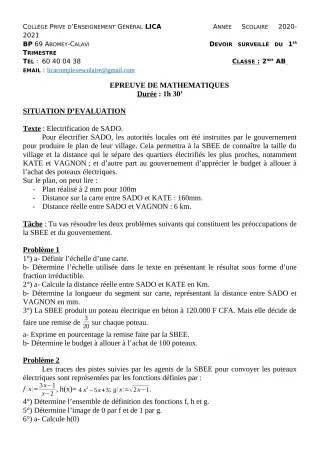 Première page de Mathématiques 2nde A2, 2nde B — Devoir surveillé, 1er trimestre (2020-2021) · CPEG LICA