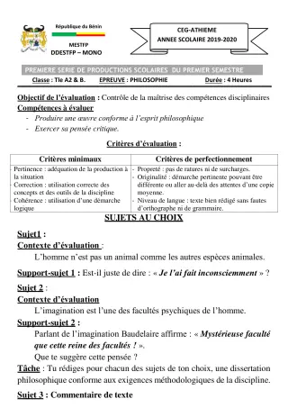 Première page de Philosophie Tle A1, Tle A2, Tle B, Tle C, Tle D — 1re production scolaire, 1er semestre (2019-2020) · CEG ATHIEME
