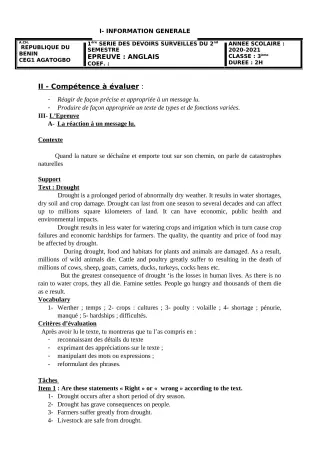 Première page de Anglais 3e, 3e ML — 1er devoir surveillé, 2e semestre (2020-2021) · CEG 1 Agatogbo