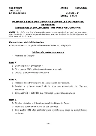 Première page de Histoire-Géographie 5e — 1er devoir surveillé, 1er semestre (2021-2022) · CEG PAHOU
