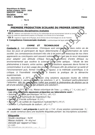 Première page de PCT Tle D — 1re production scolaire, 1er semestre (2019-2020) · CEG1 Adjarra