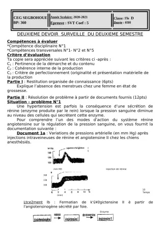 Première page de SVT 6e, 5e, 4e, 4e ML, 3e, 3e ML, 2nde A & B, 2nde D, 1ère A & B, 1ère D, Tle A & B, Tle D — 2e devoir surveillé, 2e semestre (2020-2021) · CEG SEGBOHOUE