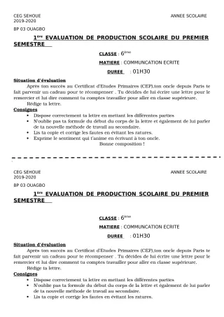 Première page de Français 6e, 5e, 4e, 4e ML, 3e, 3e ML, 2nde A1, 2nde A2, 2nde C, 2nde D, 1ère A2, 1ère B, 1ère C, 1ère D, Tle A2, Tle B, Tle C, Tle D — 1re production scolaire, 1er semestre (2019-2020) · CEG SEHOUE
