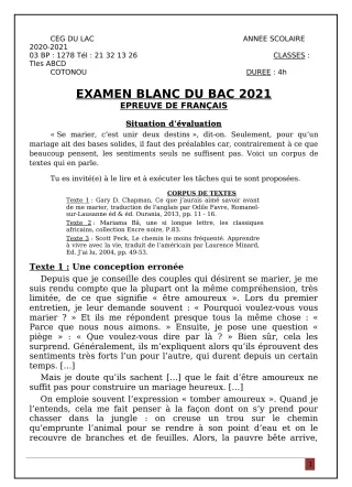 Première page de Examen Blanc de FRANCAIS — Tle A2, Tle B, Tle C, Tle D — CEG du Lac (2020)