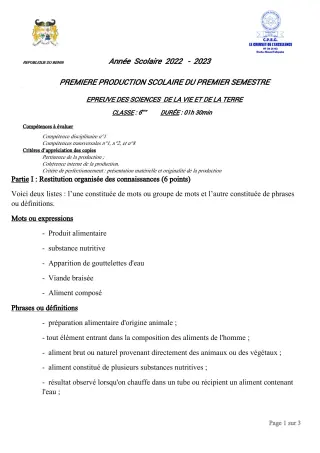 Première page de SVT 6e, 5e, 4e, 3e, 2nde A1, 2nde A2, 2nde B, 2nde D, 1ère A1, 1ère A2, 1ère B, 1ère D, Tle A1, Tle A2, Tle B, Tle D — 1re production scolaire, 1er semestre (2022-2023) · CPEG le Creuset de l'Excellen