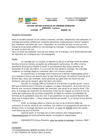 Première page de Français 3e — 2e devoir surveillé, 1er semestre (2022-2023) · CEG SEKERE