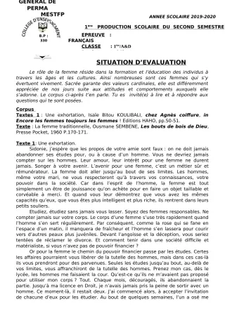 Première page de Français 6e, 5e, 4e, 4e ML, 3e, 3e ML, 2nde A, 2nde D, 1ère A, 1ère D, Tle A, Tle D — 1re production scolaire, 2e semestre (2019-2020) · CEG Perma