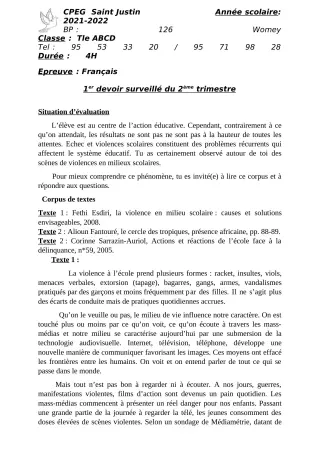 Première page de Français Tle A2, Tle B, Tle C, Tle D — 1er devoir surveillé, 2e trimestre (2021-2022) · CPEG SAINT Justin