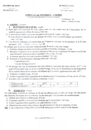 Première page de BEPC 2024 sujet physique chimie 1er tour
