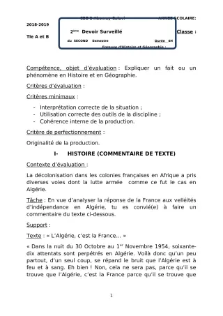 Première page de Histoire-Géographie Tle A1, Tle A2, Tle B — 2e devoir surveillé, 2e semestre (2018-2019) · CEG2 ABOMEY - CALAVI (CEG ZOCA)