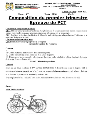 Première page de PCT 6e, 5e, 4e, 3e, 2nde D, 1ère D, Tle D — 1re composition, 1er trimestre (2021-2022) · CPEG AGBOZO MEGBEDJI