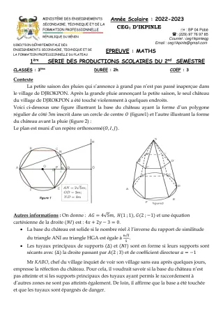 Première page de Mathématiques 3e — Production scolaire, 2e semestre (2022-2023) · CEG1 Ikpinlè