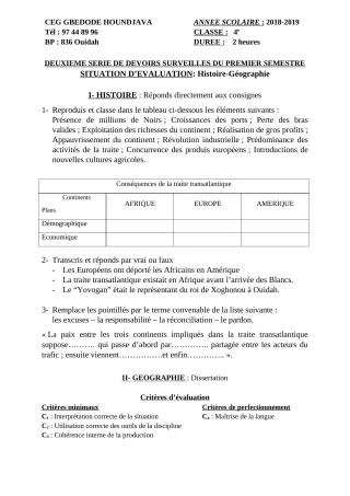 Première page de Histoire-Géographie 4e, 4e ML — 2e devoir surveillé, 1er semestre (2018-2019) · CEG GBEDODE - HOUNDJAVA