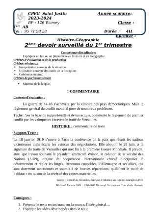 Première page de Histoire-Géographie 1ère A2, 1ère B, 1ère C, 1ère D — Devoir surveillé, 1er trimestre (2023-2024) · CPEG SAINT Justin