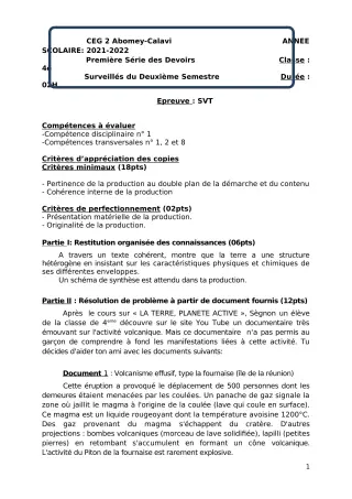 Première page de SVT 4e — 1er devoir surveillé, 2e semestre (2021-2022) · CEG2 ABOMEY - CALAVI (CEG ZOCA)