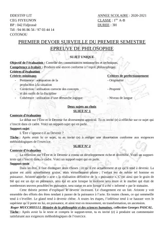 Première page de Philosophie 1ère A2, 1ère B — 1er devoir surveillé, 1er semestre (2020-2021) · CEG FIYEGNON