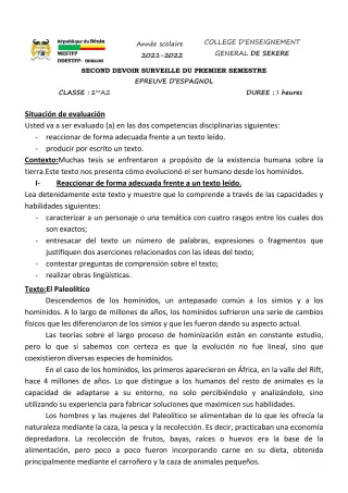 Première page de Espagnol 1ère A2 — 2e devoir surveillé, 1er semestre (2021-2022) · CEG SEKERE
