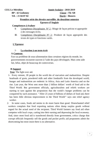 Première page de Anglais Tle A1, Tle A2, Tle B — 1er devoir surveillé, 2e semestre (2018-2019) · CEG Le Méridien