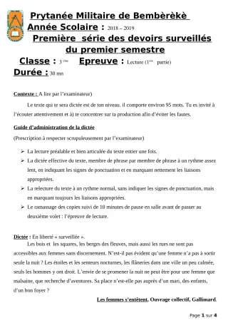 Première page de Français 3e — 1er devoir surveillé, 1er semestre (2019-2020) · PMB