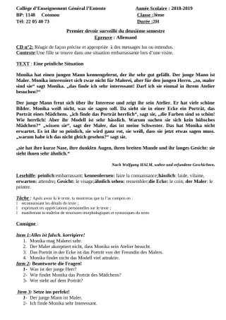 Première page de Allemand 3e ML — 1er devoir surveillé, 2e semestre (2018-2019) · CEG L'Entente