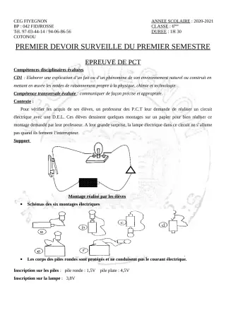 Première page de PCT 6e — 1er devoir surveillé, 1er semestre (2020-2021) · CEG FIYEGNON