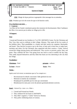 Première page de Anglais 5e — 2e devoir surveillé, 1er semestre (2019-2020) · CEG 1 Akpakpa-Centre