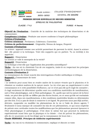 Première page de Philosophie Tle A2 — 1er devoir surveillé, 2e semestre (2021-2022) · CEG SEKERE