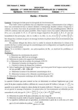Première page de Mathématiques Tle C — 1er devoir surveillé (2019-2020) · CEG Hubert C. MAGA