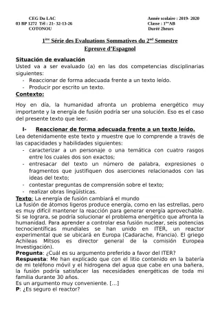 Première page de Espagnol 1ère A2, 1ère B — 1re évaluation sommative, 2e semestre (2019-2020) · CEG du Lac