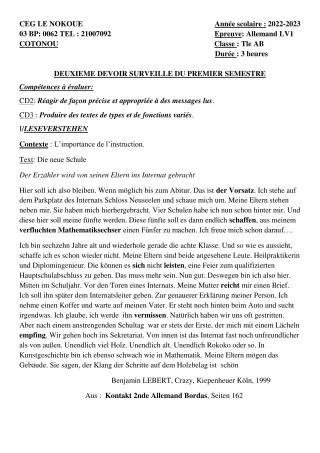 Première page de Allemand Tle A1, Tle A2, Tle B — 2e devoir surveillé, 1er semestre (2022-2023) · CEG LE NOKOUE