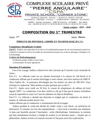 Première page de PCT 3e — Composition, 1er trimestre (2019-2020) · CPEG PIERRE ANGULAIRE