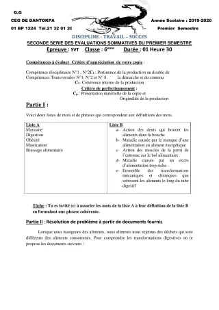 Première page de SVT 6e — 2e évaluation sommative, 1er semestre (2019-2020) · CEG Dantokpa