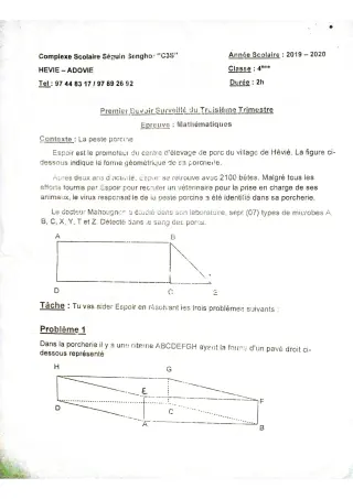 Première page de Mathématiques 4e, 4e ML — 1er devoir surveillé, 3e trimestre (2019-2020) · CPEG SEGUIN SENGHOR