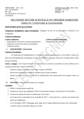 Première page de Histoire-Géographie 1ère C, 1ère D — 2e devoir surveillé, 1er semestre (2020-2021) · CEG FIYEGNON
