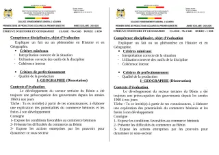 Première page de Histoire-Géographie Tle C, Tle D — 1re production scolaire, 1er semestre (2019-2020) · CEG1 Adjarra