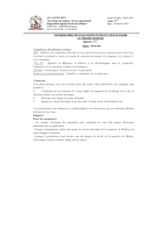 Première page de PCT 6e — Production scolaire, 1er semestre (2020-2021) · CEG Sainte Rita