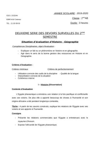 Première page de Histoire-Géographie 4e ML, 2nde A, 2nde B — 2e devoir surveillé, 2e semestre (2019-2020) · CEG l'Océan