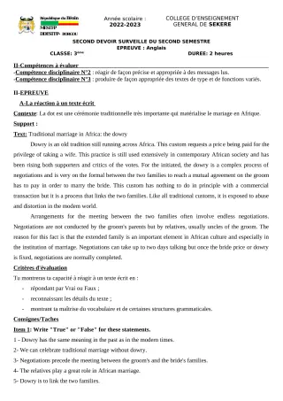 Première page de Anglais 3e — 2e devoir surveillé, 2e semestre (2022-2023) · CEG SEKERE