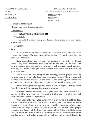 Première page de Anglais Tle D — 2e devoir surveillé, 1er semestre (2018-2019) · Lycée Houegbadja d'Abomey (Ex Mafory Bangoura)