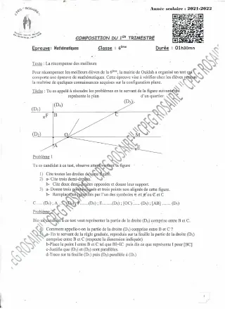 Première page de Mathématiques 6e — 2e composition, 1er trimestre (2021-2022) · CPEG ROSAIRE