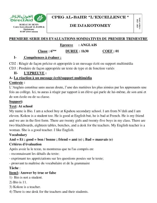 Première page de Anglais 6e, 5e — 1re évaluation sommative, 1er trimestre (2023-2024) · CPEG L'EXCELLENCE