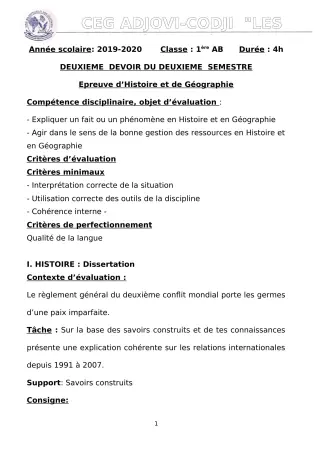 Première page de Histoire-Géographie 1ère B — 2e devoir surveillé, 2e semestre (2019-2020) · CEG ADJOVICODJI 'LES OLIVIERS'
