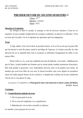 Première page de Français 6e — 1er devoir surveillé, 2e semestre (2018-2019) · CEG Attogon