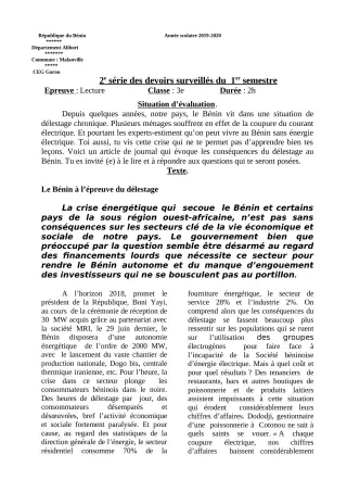 Première page de Français 3e — 2e devoir surveillé, 1er semestre (2019-2020) · CEG GAROU