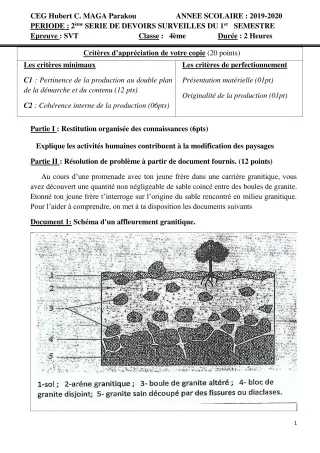 Première page de SVT 4e, 4e ML — 2e devoir surveillé, 1er semestre (2019-2020) · CEG Hubert C. MAGA