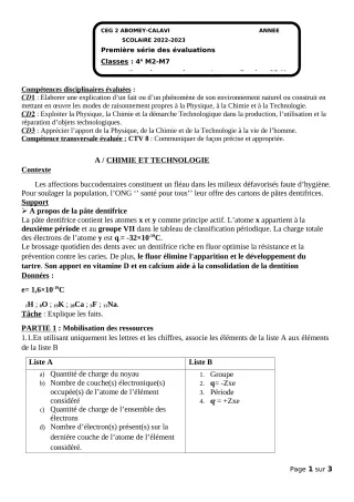 Première page de PCT 4e — 1re évaluation sommative, 2e semestre (2022-2023) · CEG2 ABOMEY - CALAVI (CEG ZOCA)