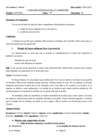 Première page de Espagnol 4e ML — 1er devoir surveillé (2018-2019) · CEG Hubert C. MAGA