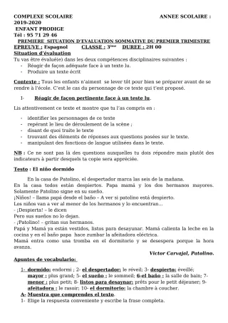 Première page de Espagnol 3e ML — Évaluation sommative, 1er trimestre (2019-2020) · CPEG ENFANT PRODIGE