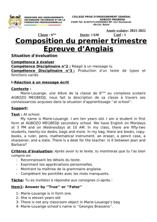 Première page de Anglais 6e, 5e, 4e, 4e ML, 3e, 3e ML, 2nde A2, 2nde B, 2nde D, 1ère A2, 1ère B, 1ère D, Tle A2, Tle B, Tle D — 1re composition, 1er trimestre (2021-2022) · CPEG AGBOZO MEGBEDJI